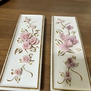 Vintage Pair of Lefton Porcelain Wall Hanging with Delicate Pink Roses.